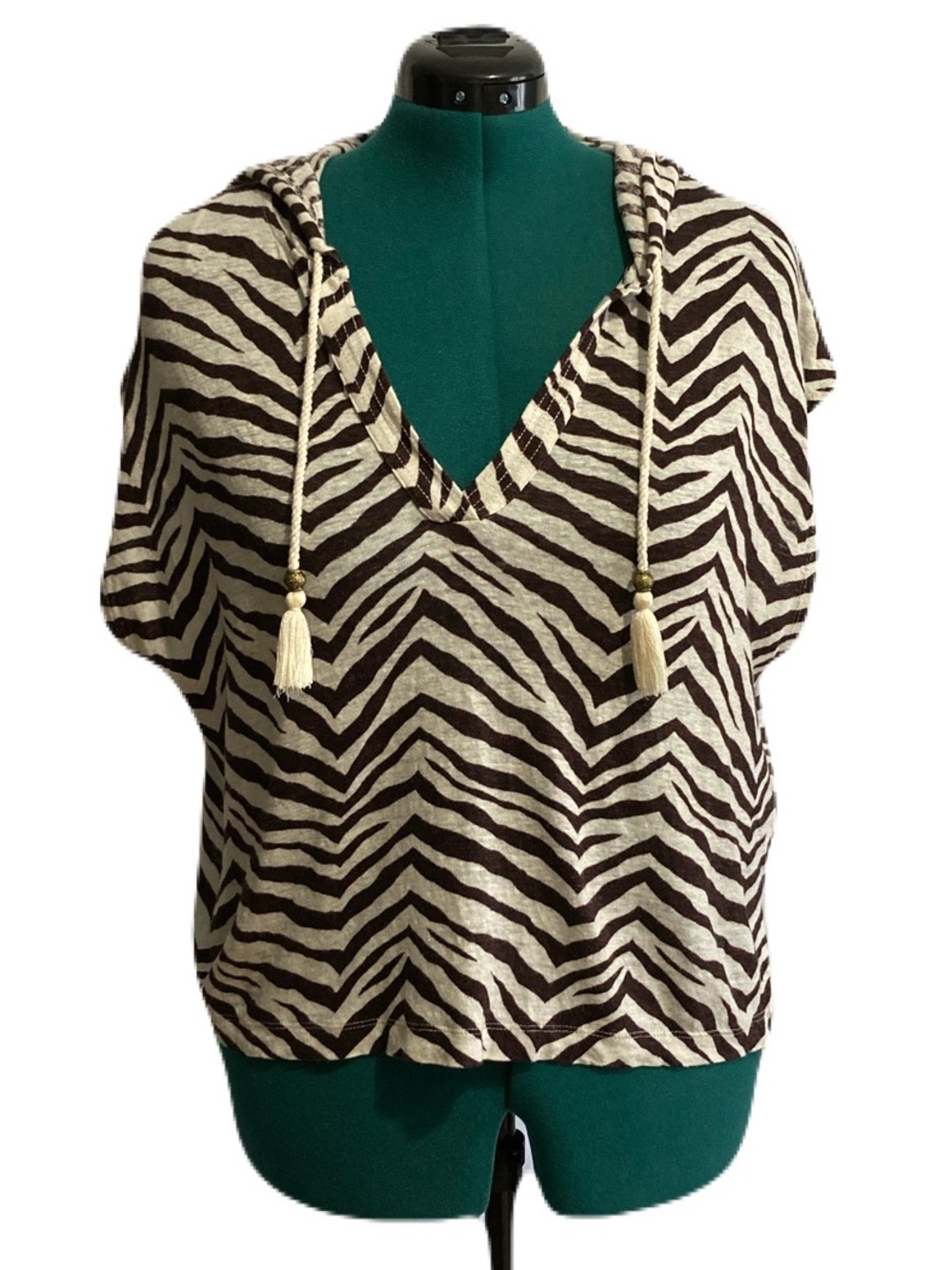 Sigrid Olsen 100% Linen Zebra Print V-Neck Short Sleeve Hooded Top